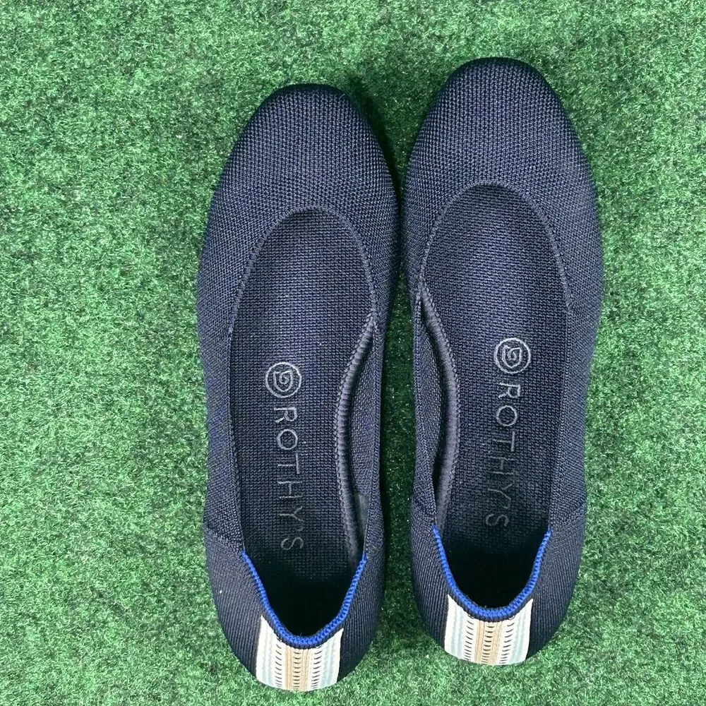 Rothy's The Square Knit Flats Women 7 Navy Blue Ballets Shoe Striped Heel Detail